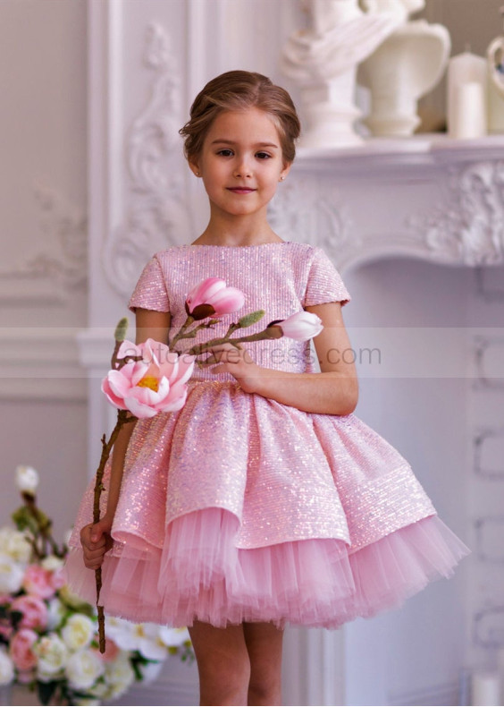 Cap Sleeves Pink Sequin Tulle V Back Flower Girl Dress Cap Sleeves Pink Sequin Tulle V Back Flower Girl Dress